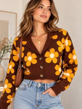 Jacquie the Label Retro Floral Cropped Cardigan Brown Yellow S NWT